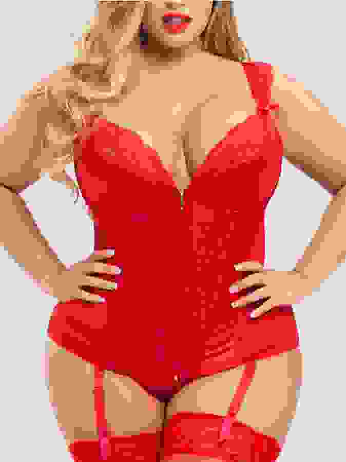 Lovehoney Plus Size Treasure Me Red Push-Up Basque Set, Red, hi-res